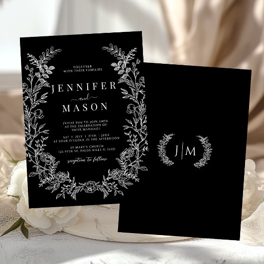 Black wildflower wreath rustic floral wedding 招待状