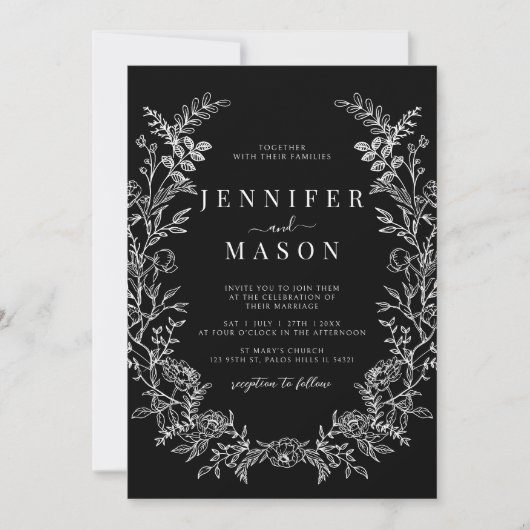 Black wildflower wreath rustic floral wedding 招待状 (正面)