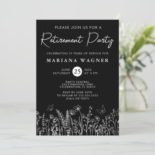 Black Wildflowers Retirement Party Invitation 招待状 (スタンド正面)