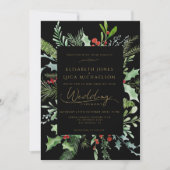 Black Winter Berry Leaf Botanical Monogram Wedding 招待状 (正面)