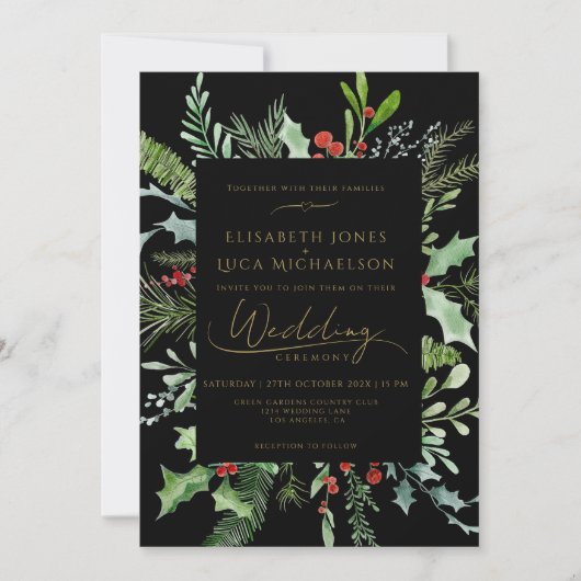 Black Winter Berry Leaf Botanical Monogram Wedding 招待状 (正面)