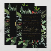 Black Winter Berry Leaf Botanical Monogram Wedding 招待状 (正面/裏面)