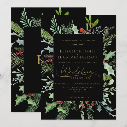 Black Winter Berry Leaf Botanical Monogram Wedding 招待状 (正面/裏面)