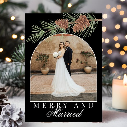 Black Winter Pine Merry & Married Photo Christmas シーズンカード