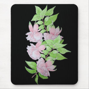 black with pink flowers all over floral pattern マウスパッド