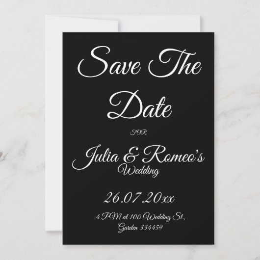 Black with White Script Save The Date Card  招待状 (正面)