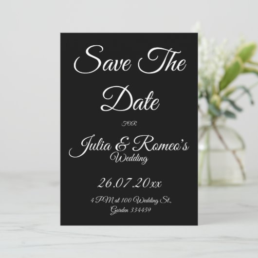 Black with White Script Save The Date Card  招待状 (スタンド正面)