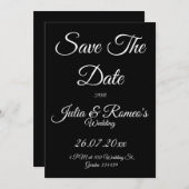 Black with White Script Save The Date Card  招待状 (正面/裏面)