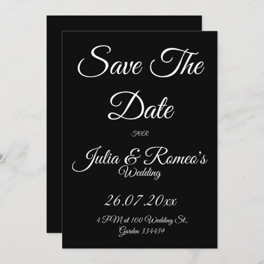Black with White Script Save The Date Card  招待状 (正面/裏面)