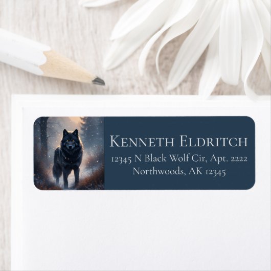 Black Wolf North Woodland Snowy Forest ラベル (インサイチュ)