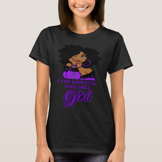 Black Woman Afro In October We Wear Purple Domesti Tシャツ (正面)