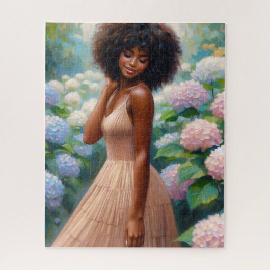 Black Woman Among Hydrangea Flowers ジグソーパズル (縦)