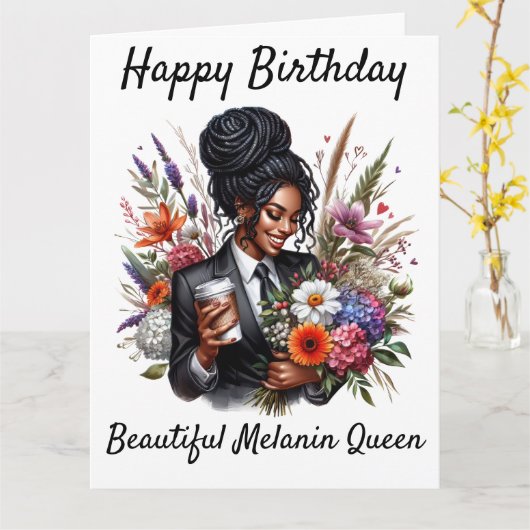 Black woman birthday card カード (黄色い花)