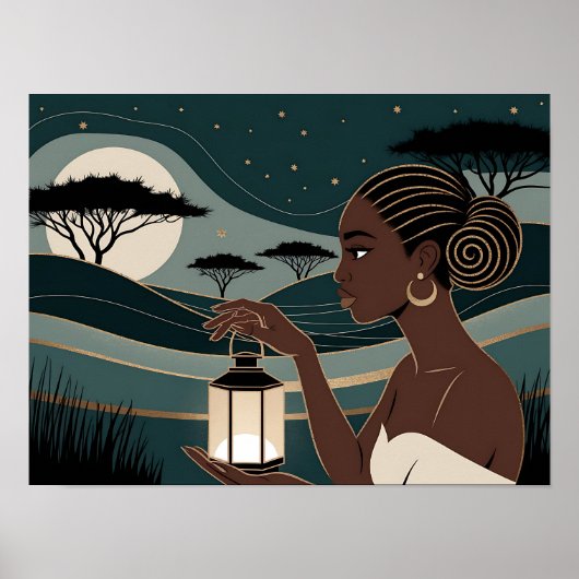 Black Woman Holding a Lantern at Night ポスター (正面)