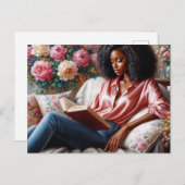 Black Woman In Pink Reading Floral Art ポストカード (正面/裏面)