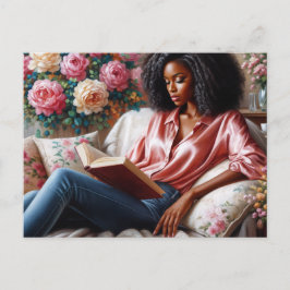 Black Woman In Pink Reading Floral Art ポストカード