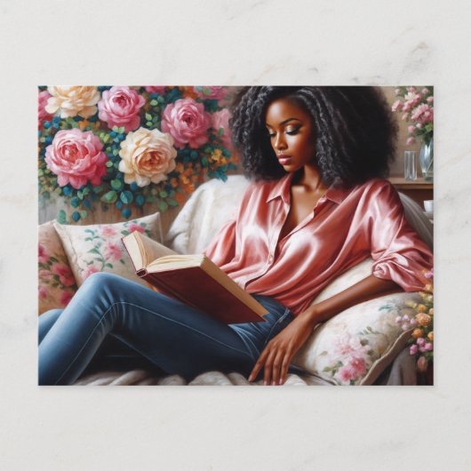 Black Woman In Pink Reading Floral Art ポストカード (正面)