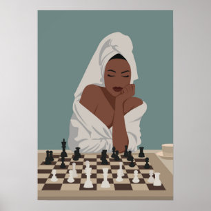 Black woman playing chess, boho style. ポスター