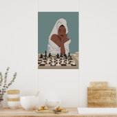 Black woman playing chess, boho style. ポスター (キッチン)