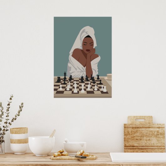 Black woman playing chess, boho style. ポスター (キッチン)