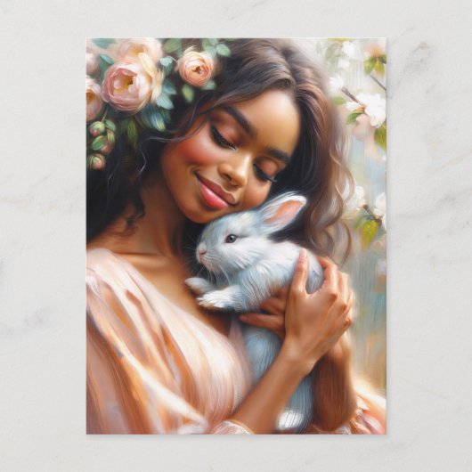 Black Woman Smiling With Cute Bunny Floral  ポストカード (正面)