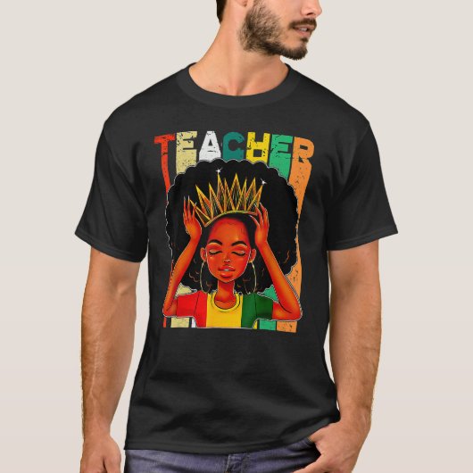 Black Woman Teacher Afro Retro Matching Black Hist Tシャツ (正面)