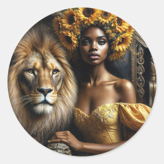 Black Woman With Lion Sunflower Crown ラウンドシール