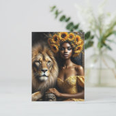 Black Woman With Lion Sunflower Leo ポストカード (スタンド正面)