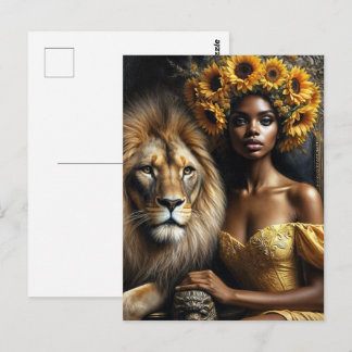 Black Woman With Lion Sunflower Leo ポストカード