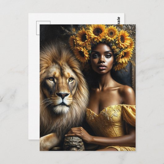 Black Woman With Lion Sunflower Leo ポストカード (正面/裏面)
