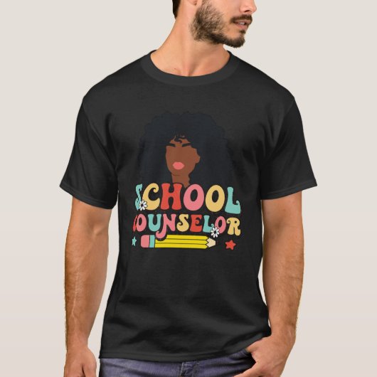 Black Women School Counselor Groovy Retro Afro Tea Tシャツ (正面)