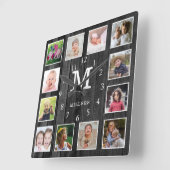 Black Wood 12 Photo Collage Family Name Monogram  スクエア壁時計 (傾斜)