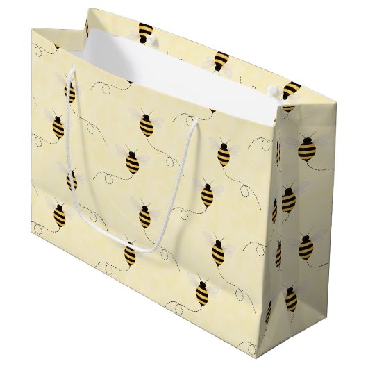 Black Yellow Gold Bees Baby Shower ラージペーパーバッグ (正面アングル)