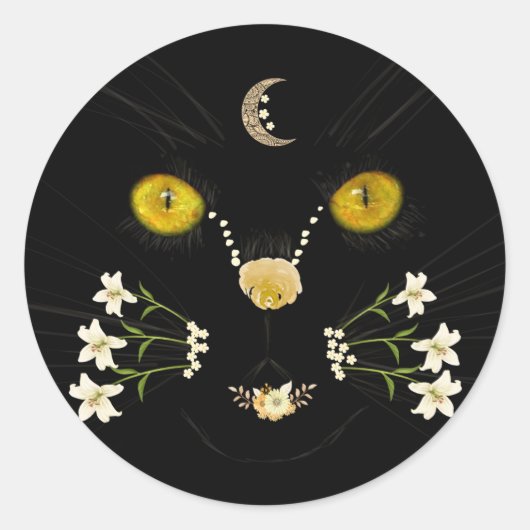 Black Yellow Gold Flower Cat Face Moon Sticker ラウンドシール (正面)