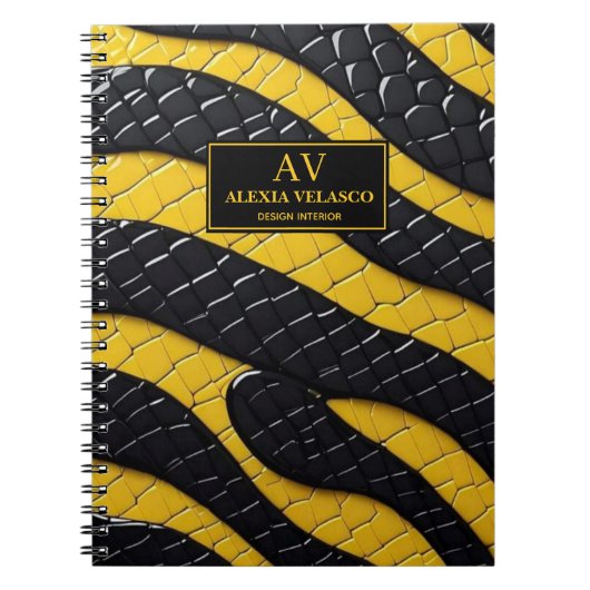 Black & Yellow Luxury Modern Animal skin ノートブック (正面)