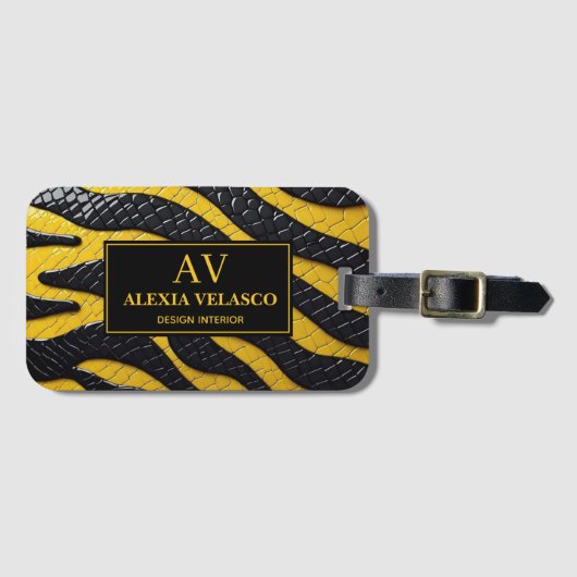 Black & Yellow Luxury Modern Animal skin ラゲッジタグ (正面横)