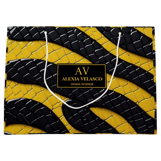 Black & Yellow Luxury Modern Animal skin ラージペーパーバッグ (正面)