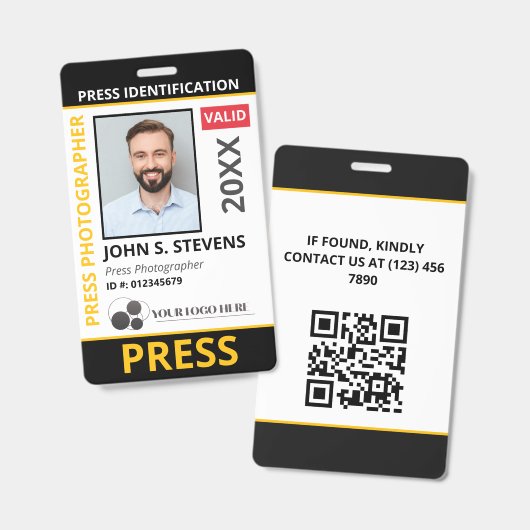 Black Yellow Photo & Logo Press ID QR Code バッジ (正面＆裏面)