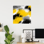 Black Yellow White Modern Abstract Brushstrokes ポスター (ホームオフィス)