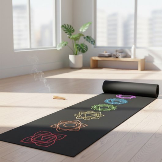Black Yoga Mat with Colorful Chakras ヨガマット