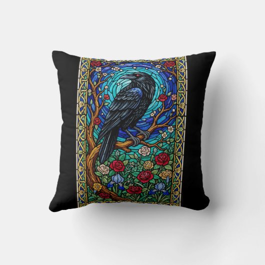 Blackbird Stained Glass Corvid Raven クッション (裏面)
