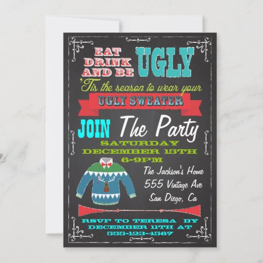 Blackboardの醜いセーターのクリスマスパーティー招待状 招待状 (正面)