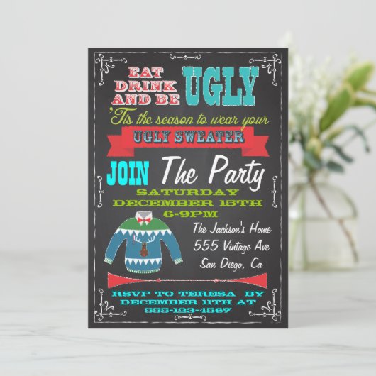 Blackboardの醜いセーターのクリスマスパーティー招待状 招待状 (スタンド正面)