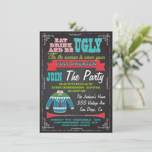 Blackboardの醜いセーターのクリスマスパーティー招待状 招待状 (スタンド正面)