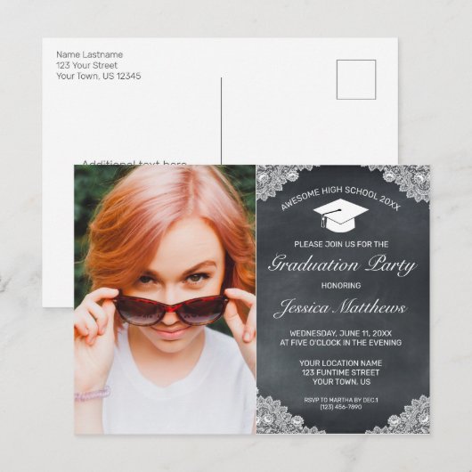 Blackboardホワイトレース卒業フォト招待状 ポストカード (正面/裏面)