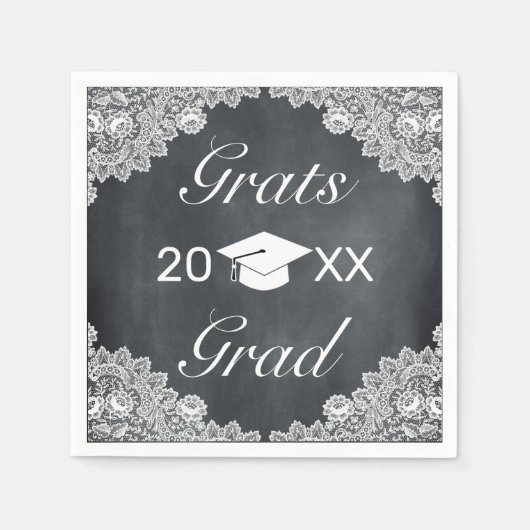 Blackboard & White Lace Grats卒業ハットキャップ スタンダードカクテルナプキン (正面)