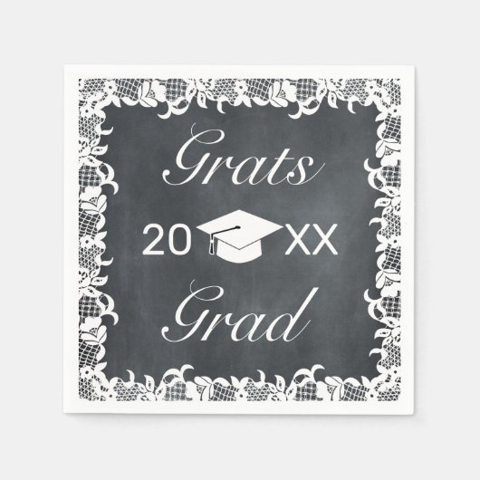 Blackboard & White Lace Grats卒業ハットキャップ スタンダードカクテルナプキン (正面)