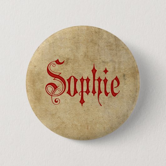 Blackletterの羊皮紙のSophieのパーソナライズな赤 缶バッジ (正面)