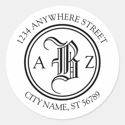 Blackletter Monogram Round Addressクラシカル(黒文字の丸い住所) ラウンドシール (正面)
