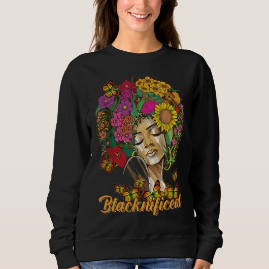 Blacknificent Floral Afro Hair Butterfly African A スウェットシャツ (正面)